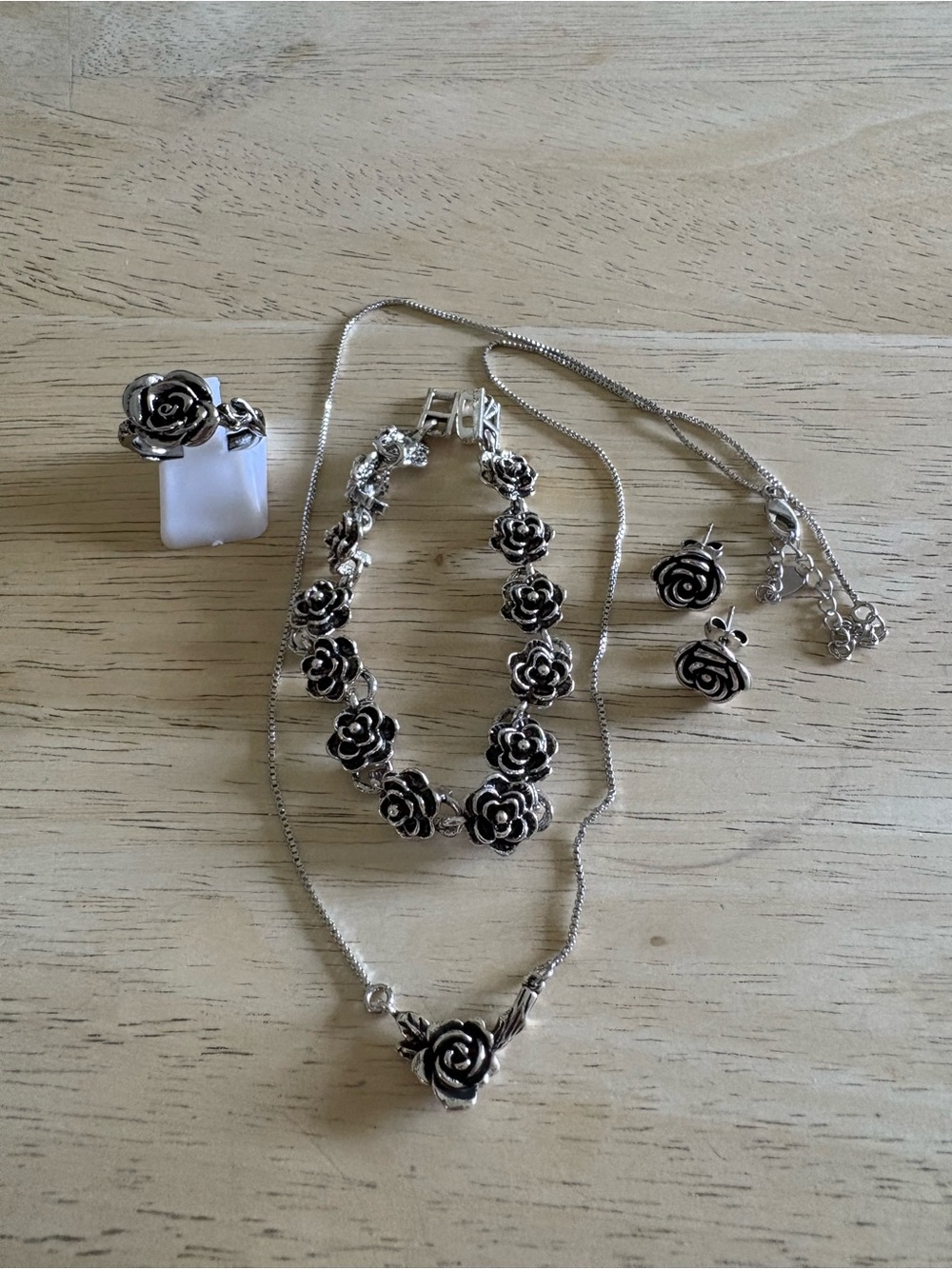 Sterling-Style Silver Rose Necklace with Matching Floral Pendant